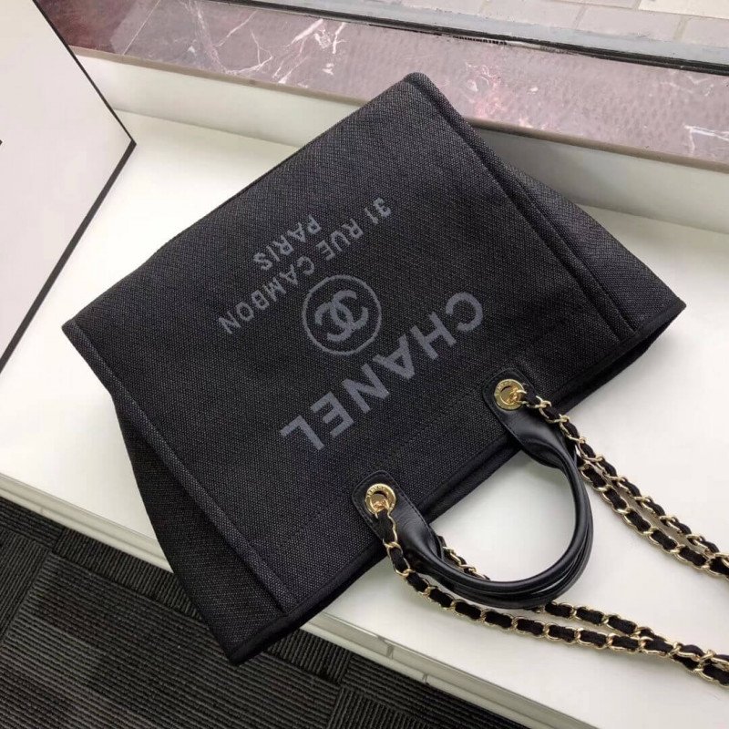 Chanel Deauville Tote High Quality 38Cm Canvas Bag 7 Star A66941 Black / Grey
