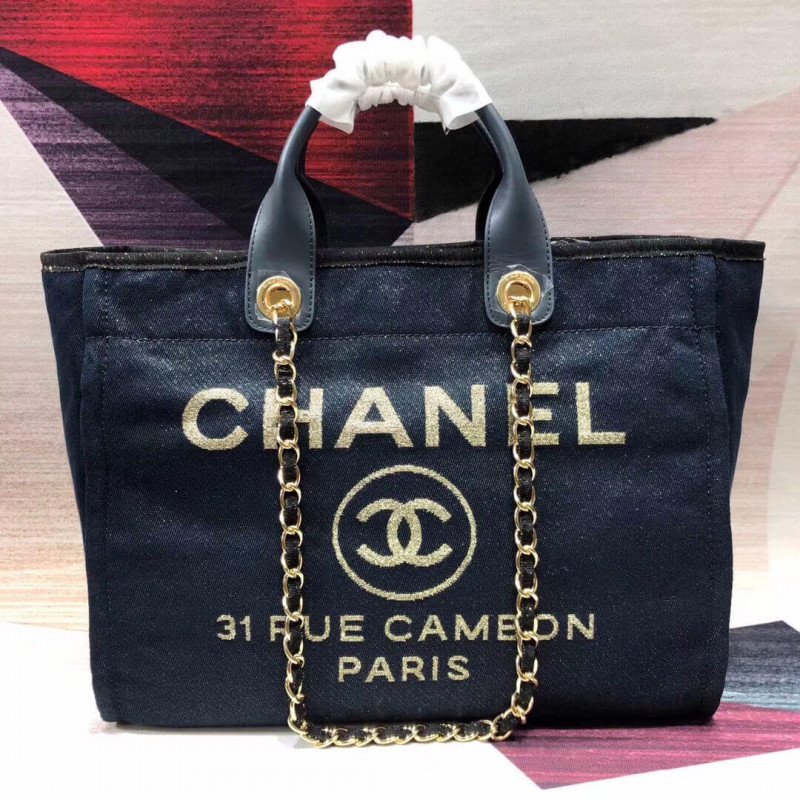Replica Chanel Deauville Tote High 38Cm Cheap Canvas Bag A66941 Denim Blue/Gold