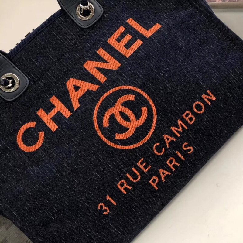 Chanel Inspired Deauville Tote 38Cm Fashion Canvas Bag A66941 Denim Blue/Orange