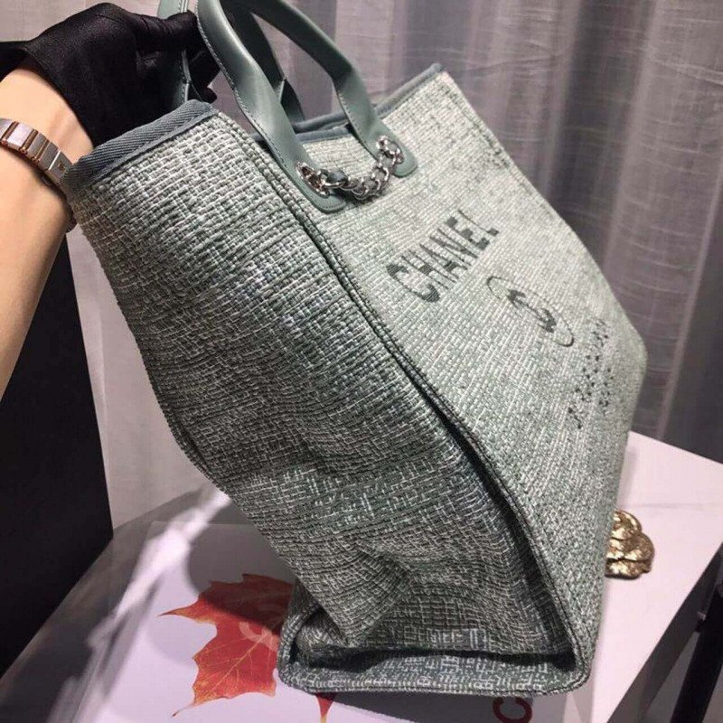 Chanel Deauville Tote  38Cm Canvas Bag High A66941 Fig Green