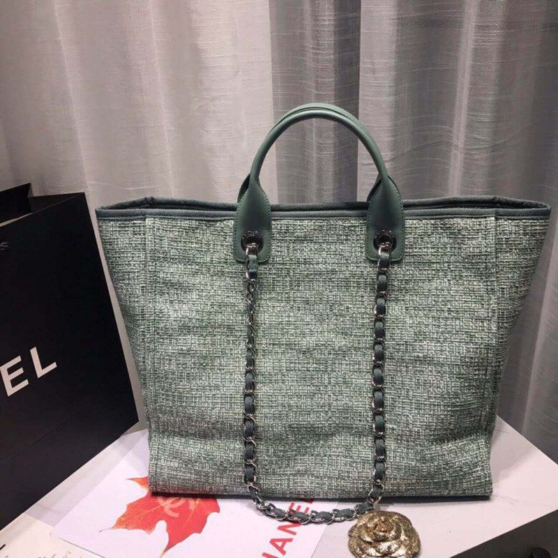 Chanel Deauville Tote  38Cm Canvas Bag High A66941 Fig Green
