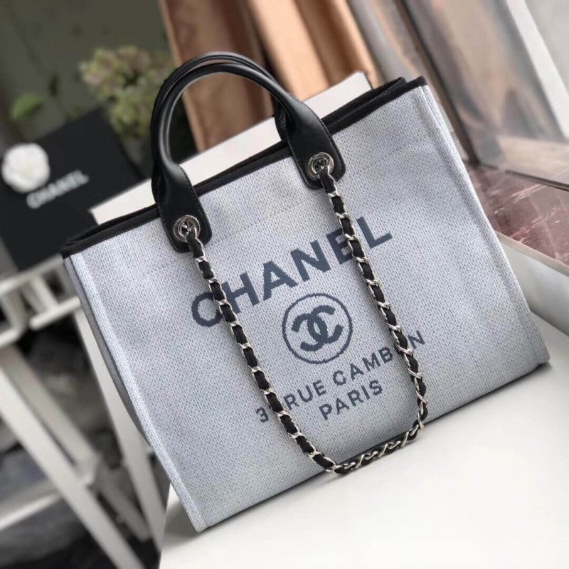 Replica Chanel Deauville Tote Replicas 38Cm UK Canvas Bag A66941 Light Grey/Black