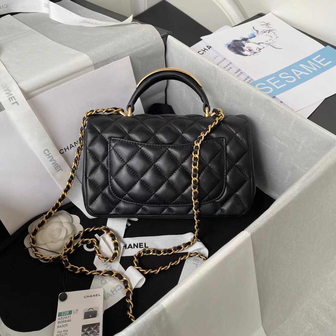 Replica Chanel Lambskin Mini 1:1 Mirror Flap Bag With Top Handle UK Black As2431