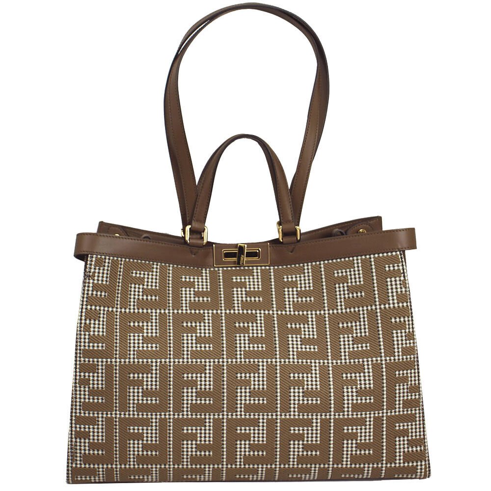 Fendi 8BH374 X-Tote Brown houndstooth wool shopper with FF embroidery 8589
