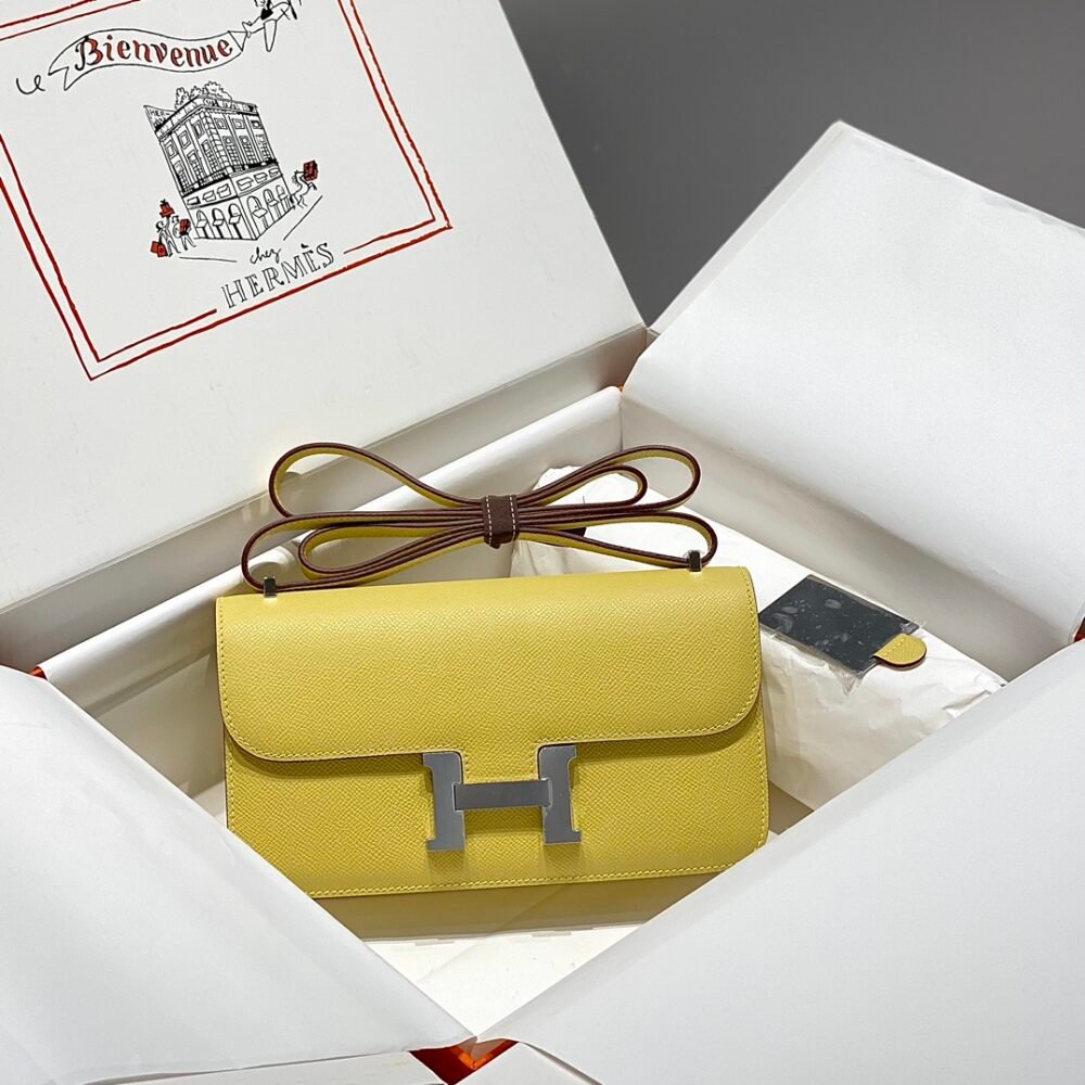 Mirror Top Hermes Constance Shoulder Bags Epsom Leather Silver Lemon Yellow