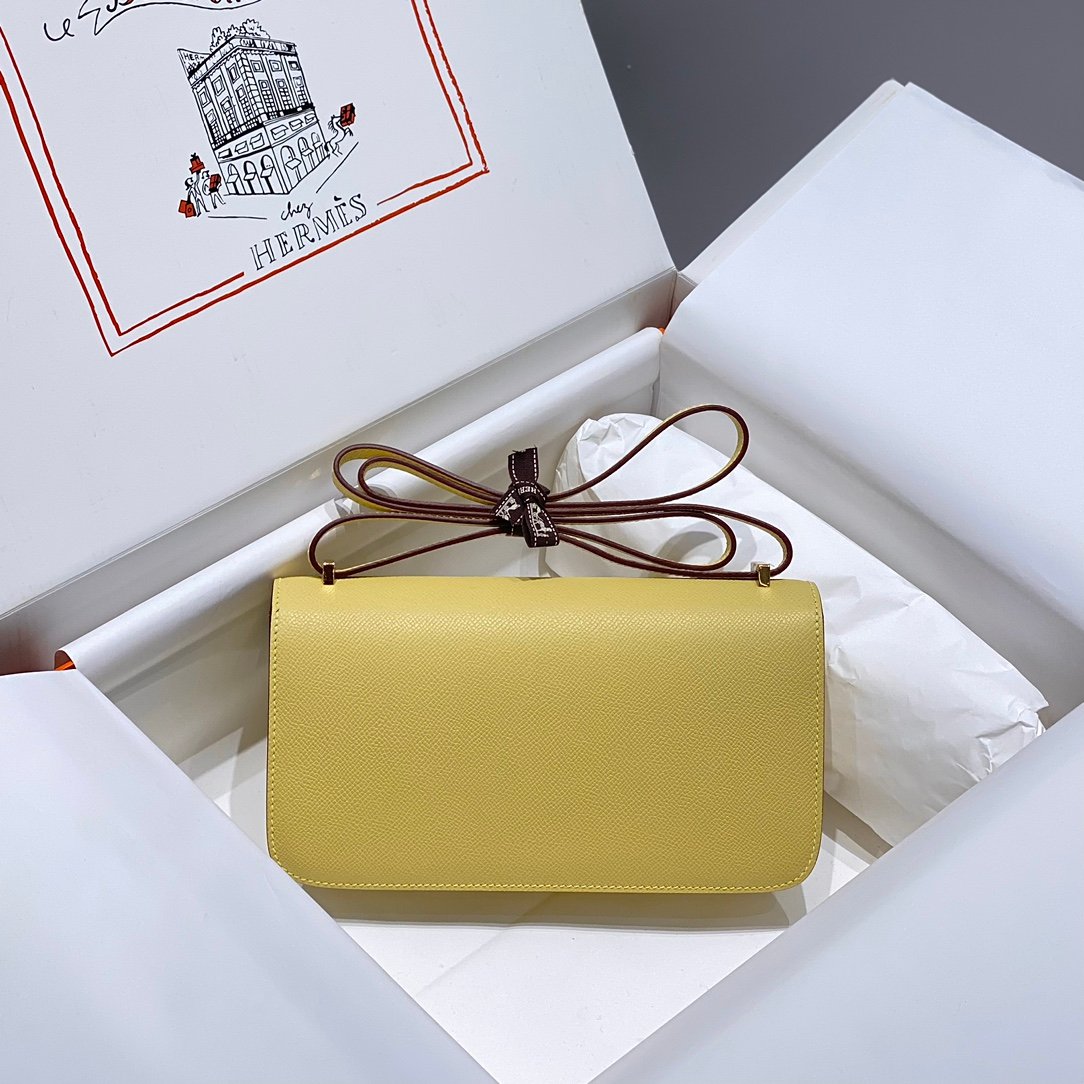 Mirror Top Hermes Constance Shoulder Bags Epsom Leather Silver Lemon Yellow