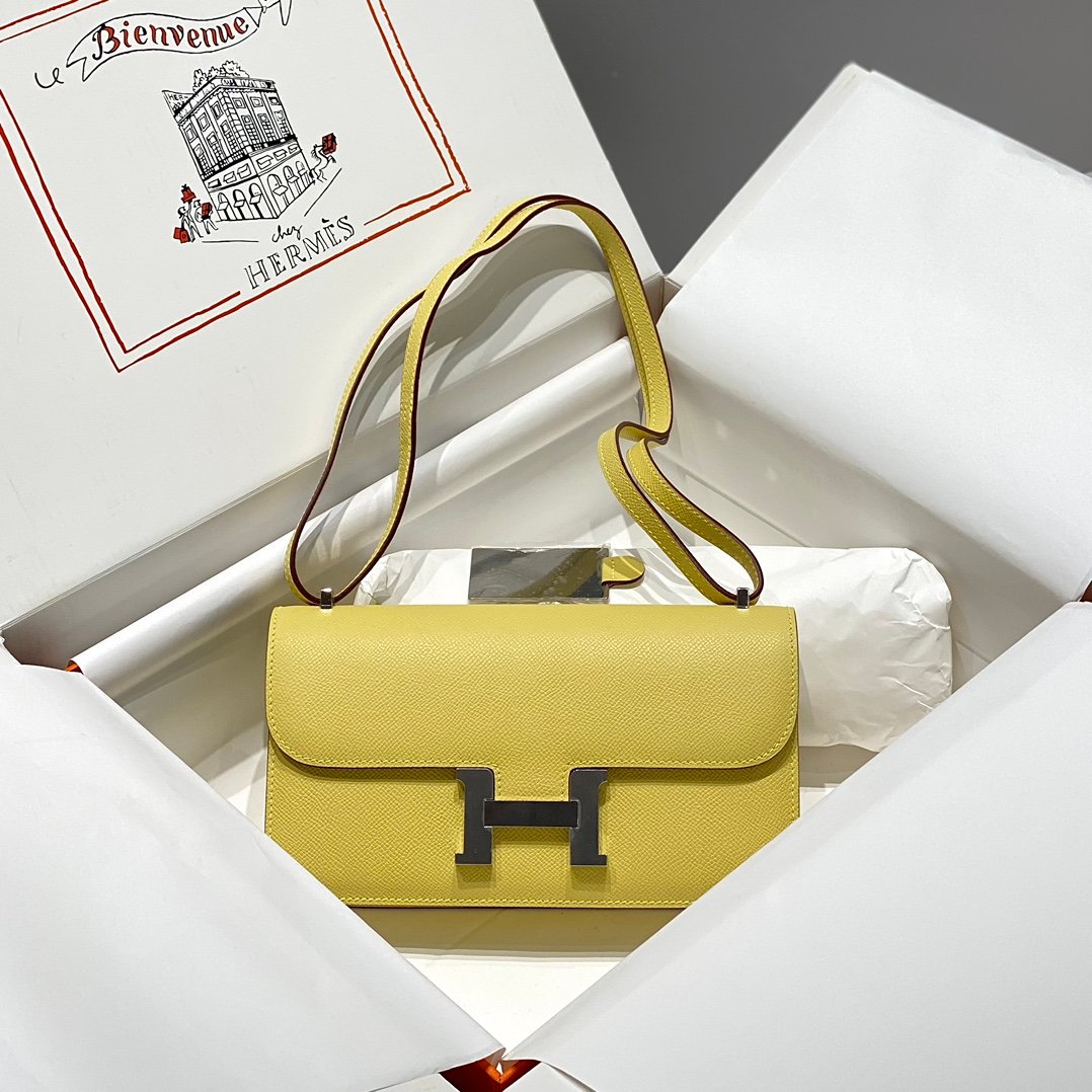 Mirror Top Hermes Constance Shoulder Bags Epsom Leather Silver Lemon Yellow