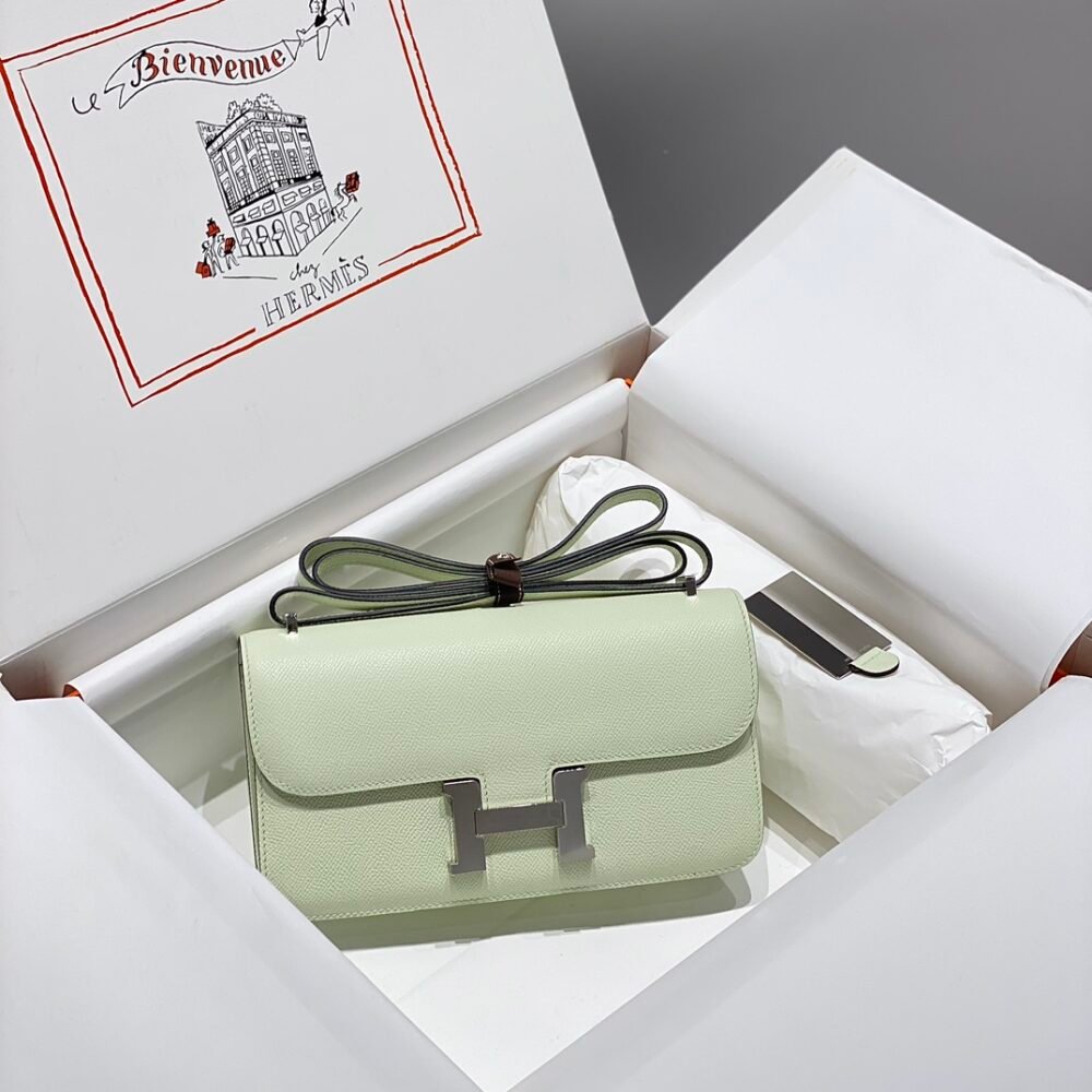 Mirror Top Hermes Constance Shoulder Bags Epsom Leather Silver Bubble Green