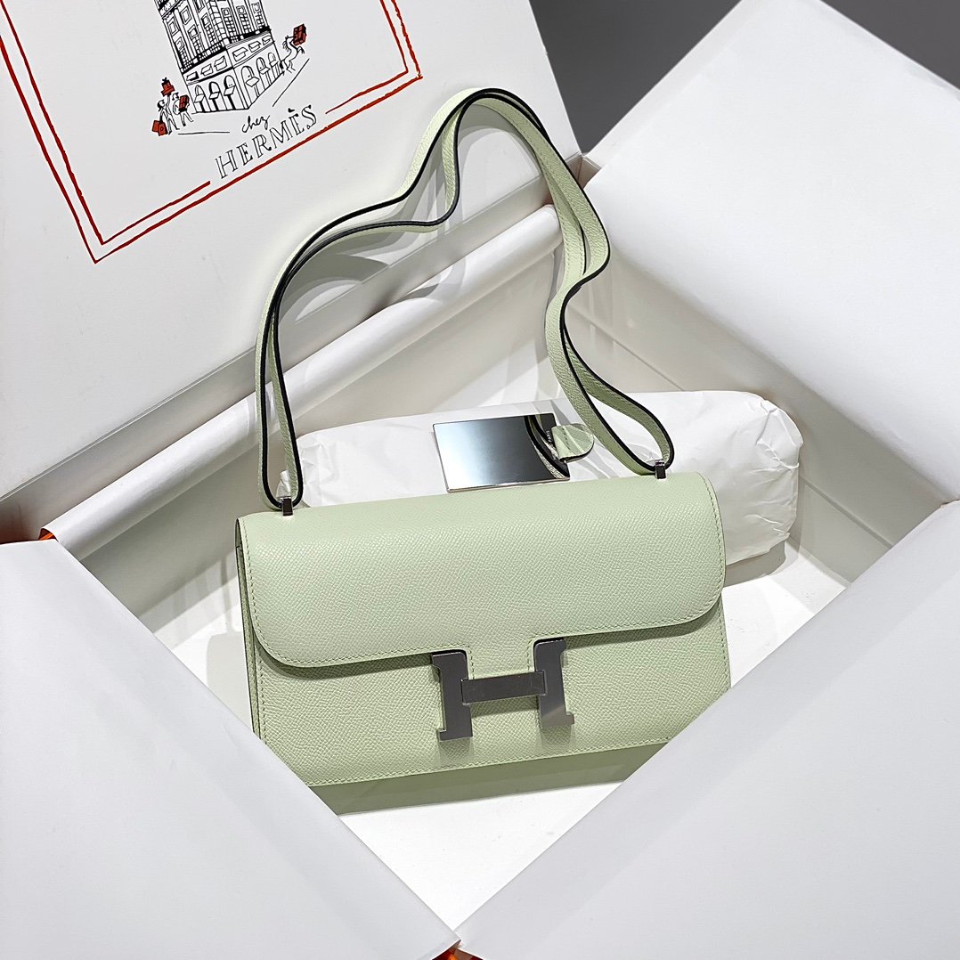 Mirror Top Hermes Constance Shoulder Bags Epsom Leather Silver Bubble Green
