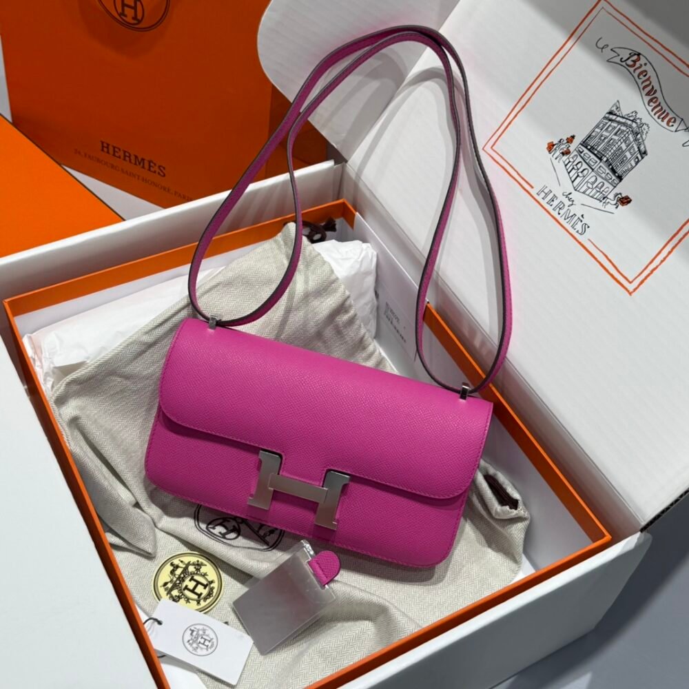 Mirror Top Hermes Constance Shoulder Bags Epsom Leather Silver Magnolia Pink