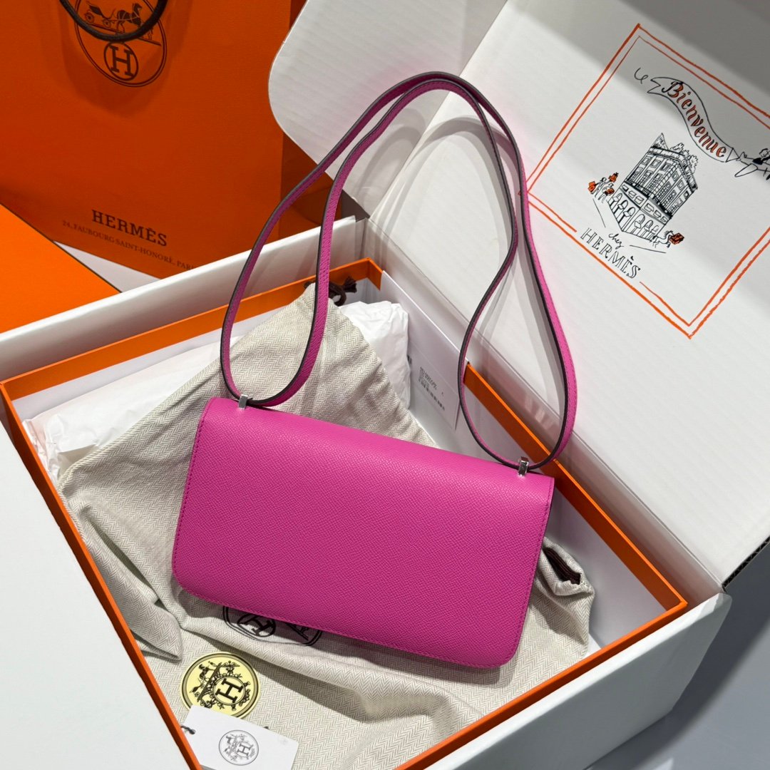 Mirror Top Hermes Constance Shoulder Bags Epsom Leather Silver Magnolia Pink