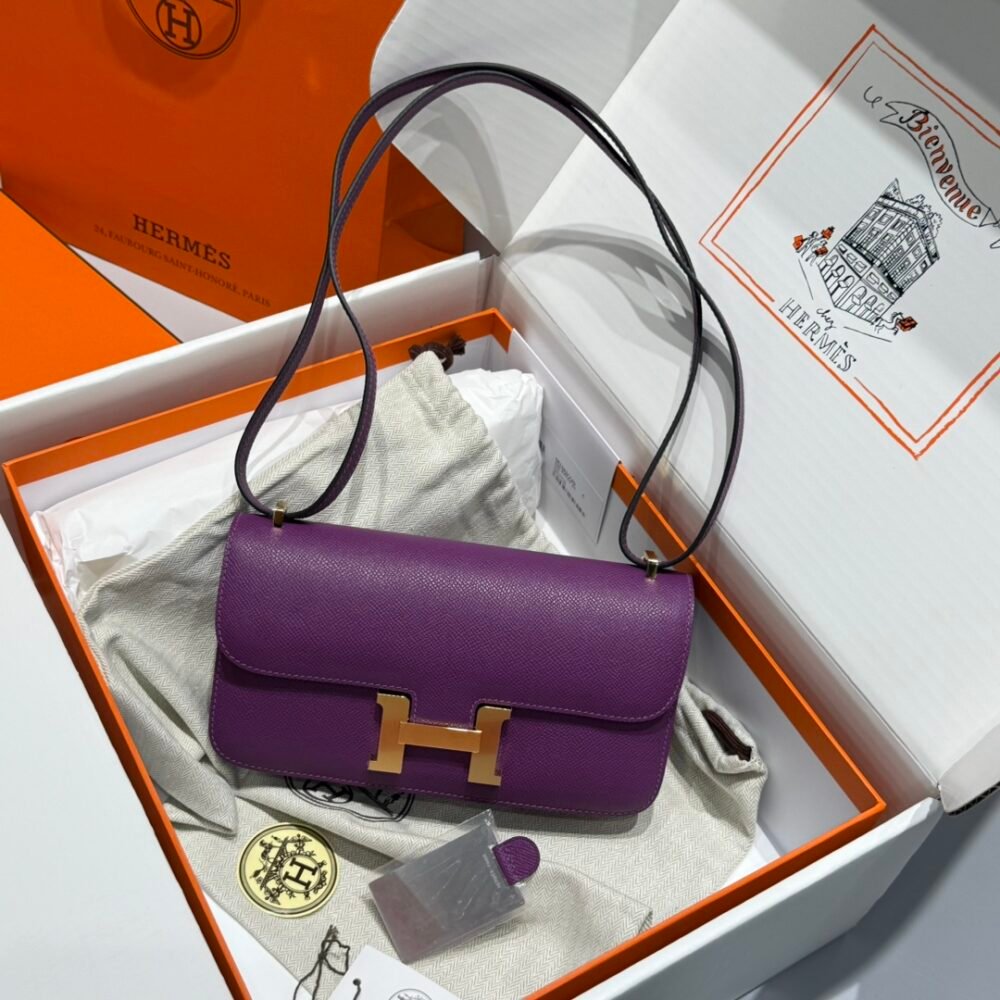 Mirror Top Hermes Constance Shoulder Bags Epsom Leather Silver Raisin