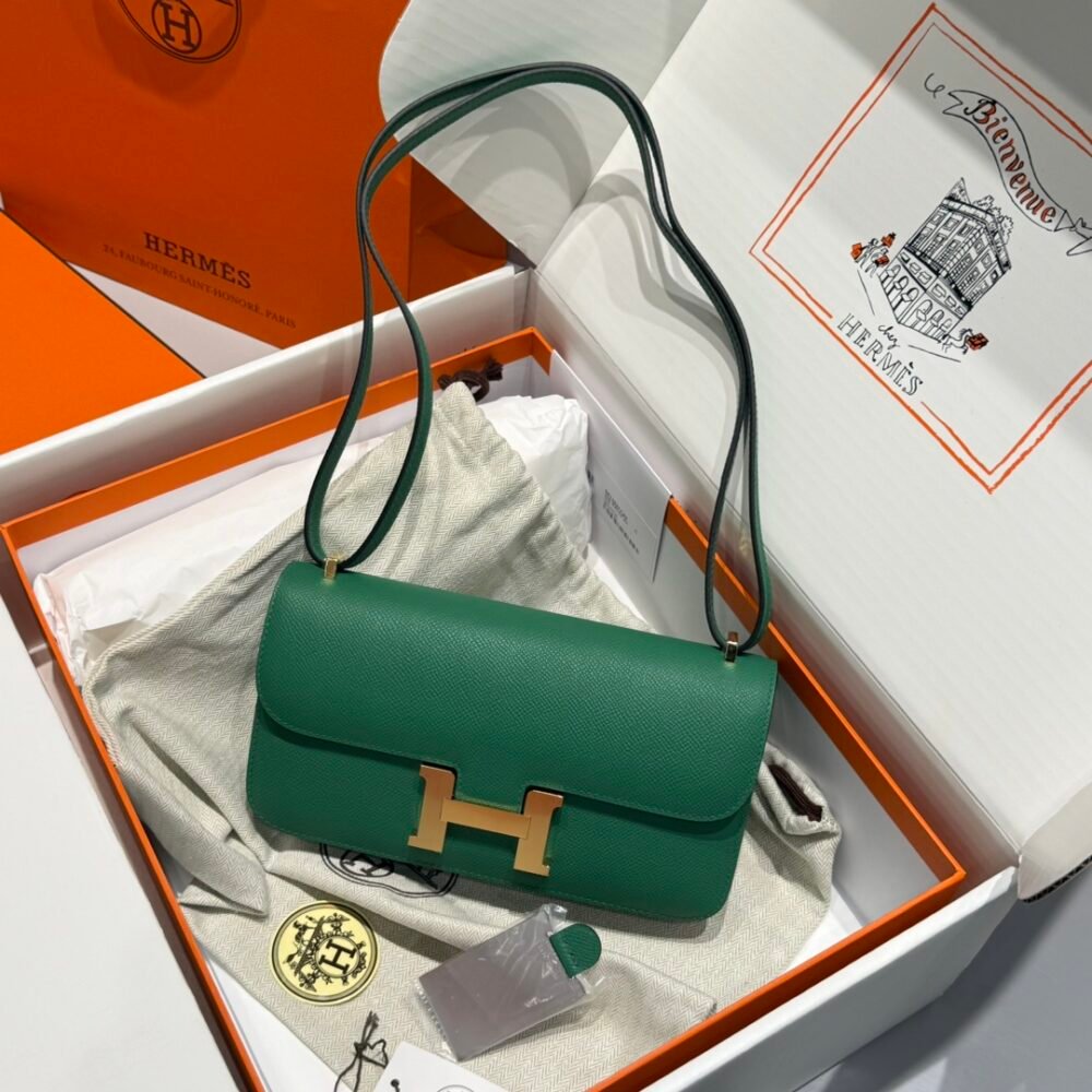 Mirror Top Hermes Constance Shoulder Bags Epsom Leather Silver Green