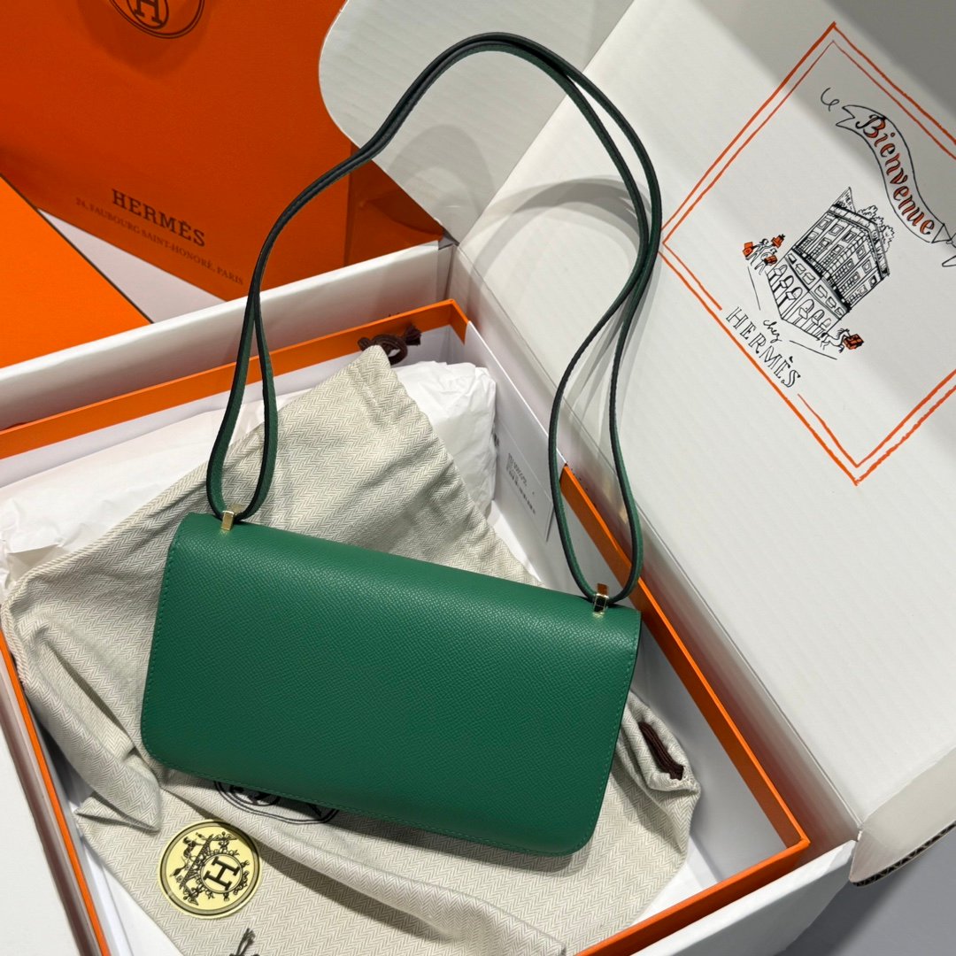 Mirror Top Hermes Constance Shoulder Bags Epsom Leather Silver Green