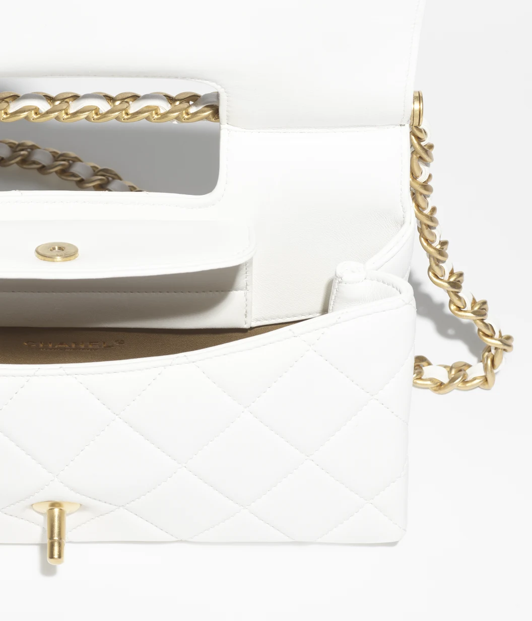 Mirror Top Chanel Flap Bag With Top Handle White