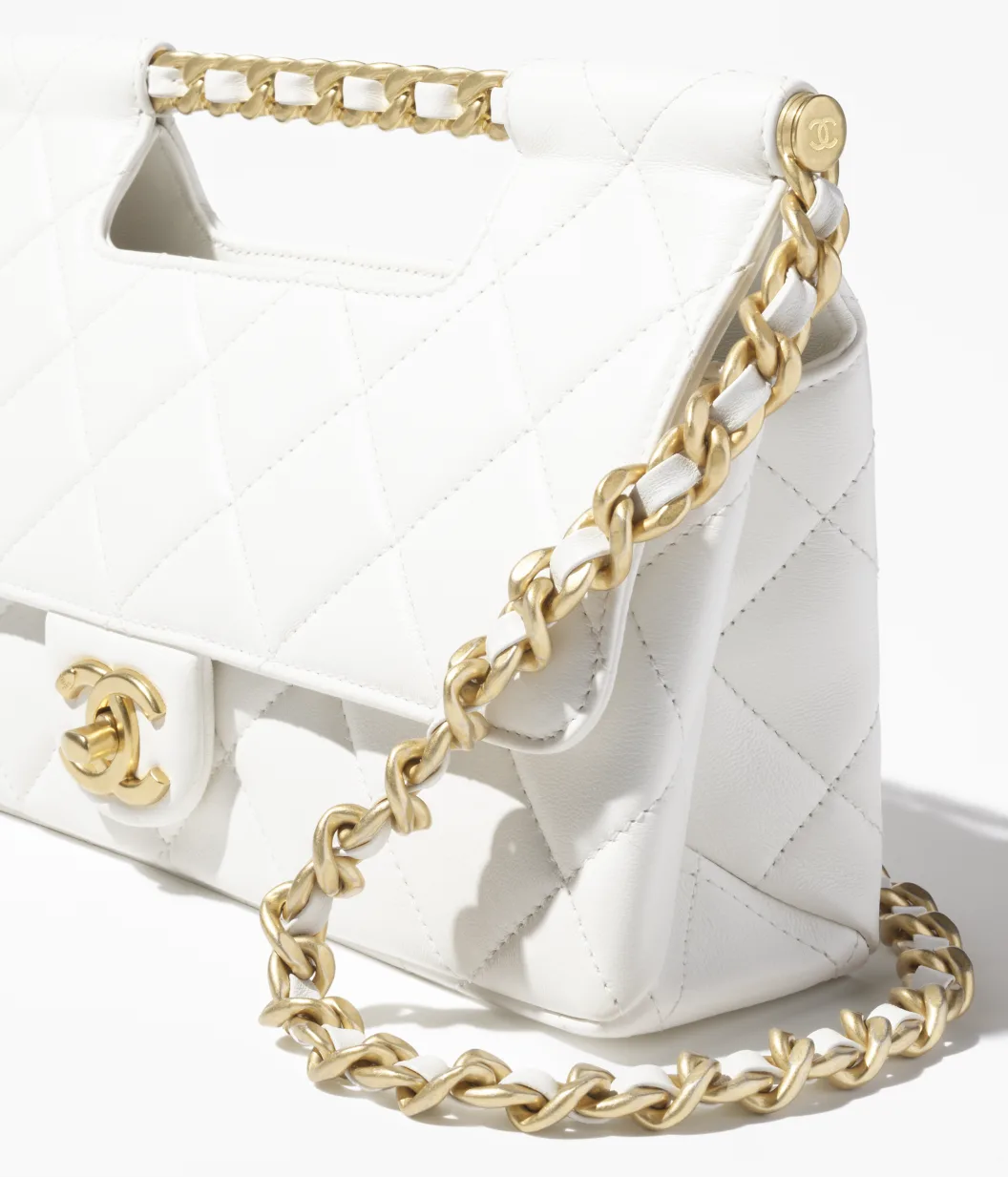 Mirror Top Chanel Flap Bag With Top Handle White