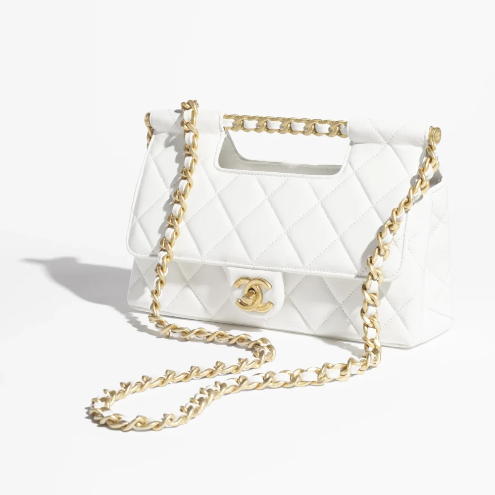 Mirror Top Chanel Flap Bag With Top Handle White